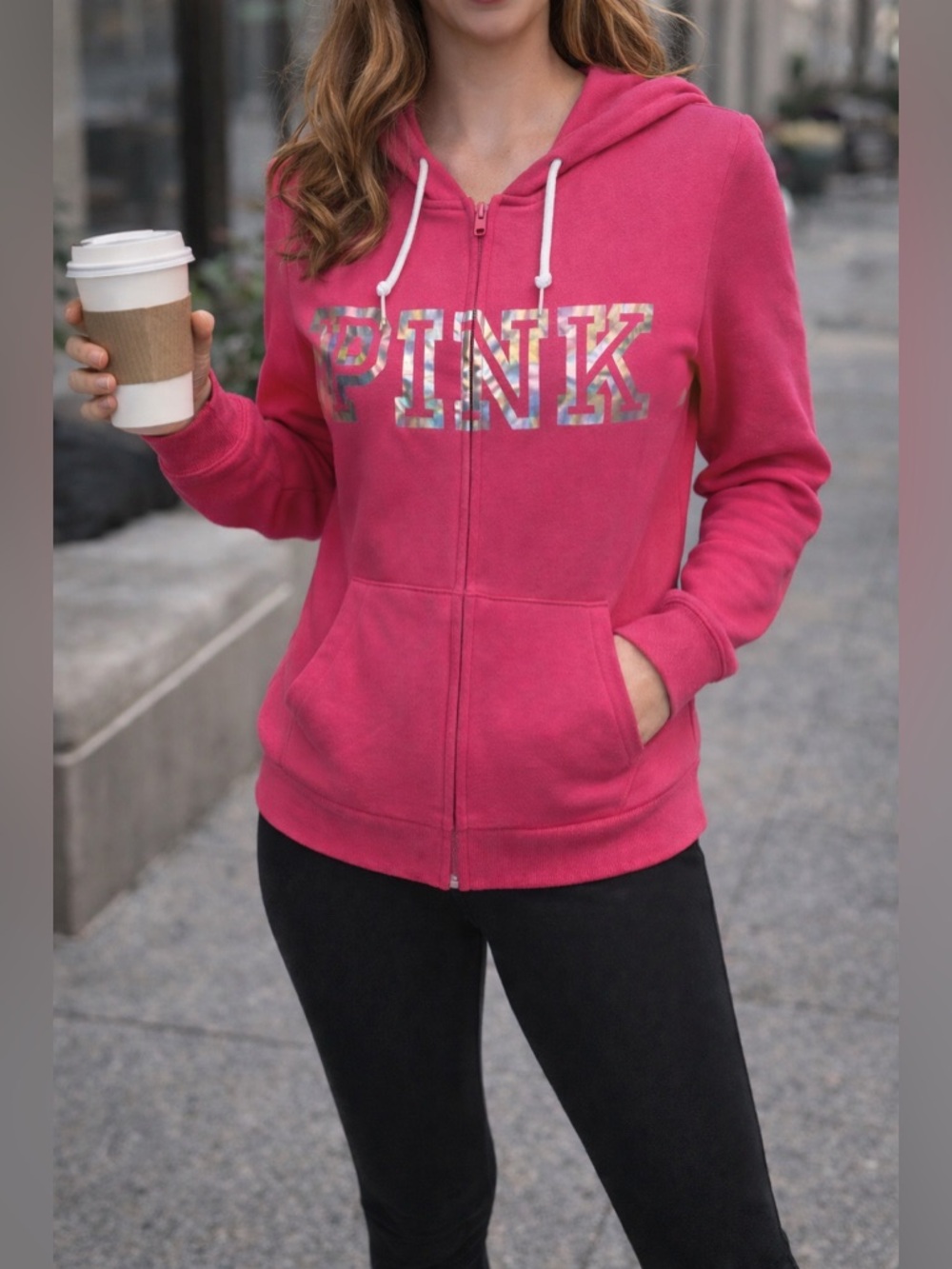109 PINK Victoria’s Secret Full Zip Hoodie Small Pink Iridescent Logo Y2K